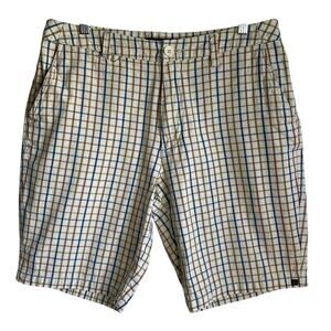 Quiksilver Men's Shorts Plaid 100% Cotton Flat Front Cream Brown Blue